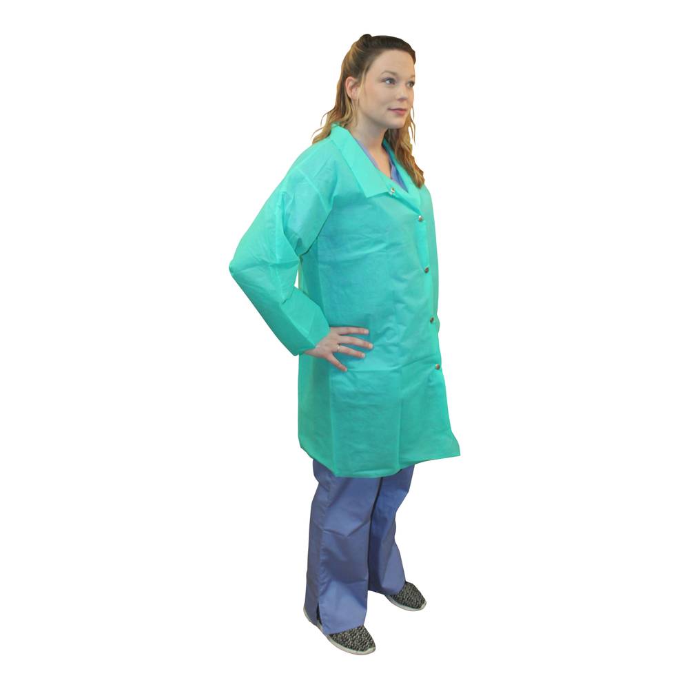M1710G  Safety Zone® PolyLite® (Polypropylene) Lab Coat, Snap Front, No Pockets, Long Sleeve, Open Wrists, Green